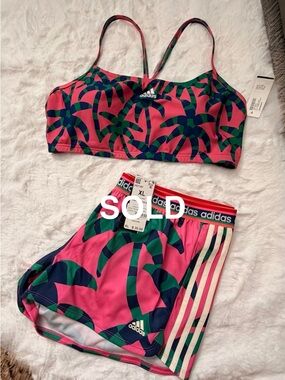 NWT Adidas x Farm Rio Bikini Top & Pacer Shorts | Magenta, XL